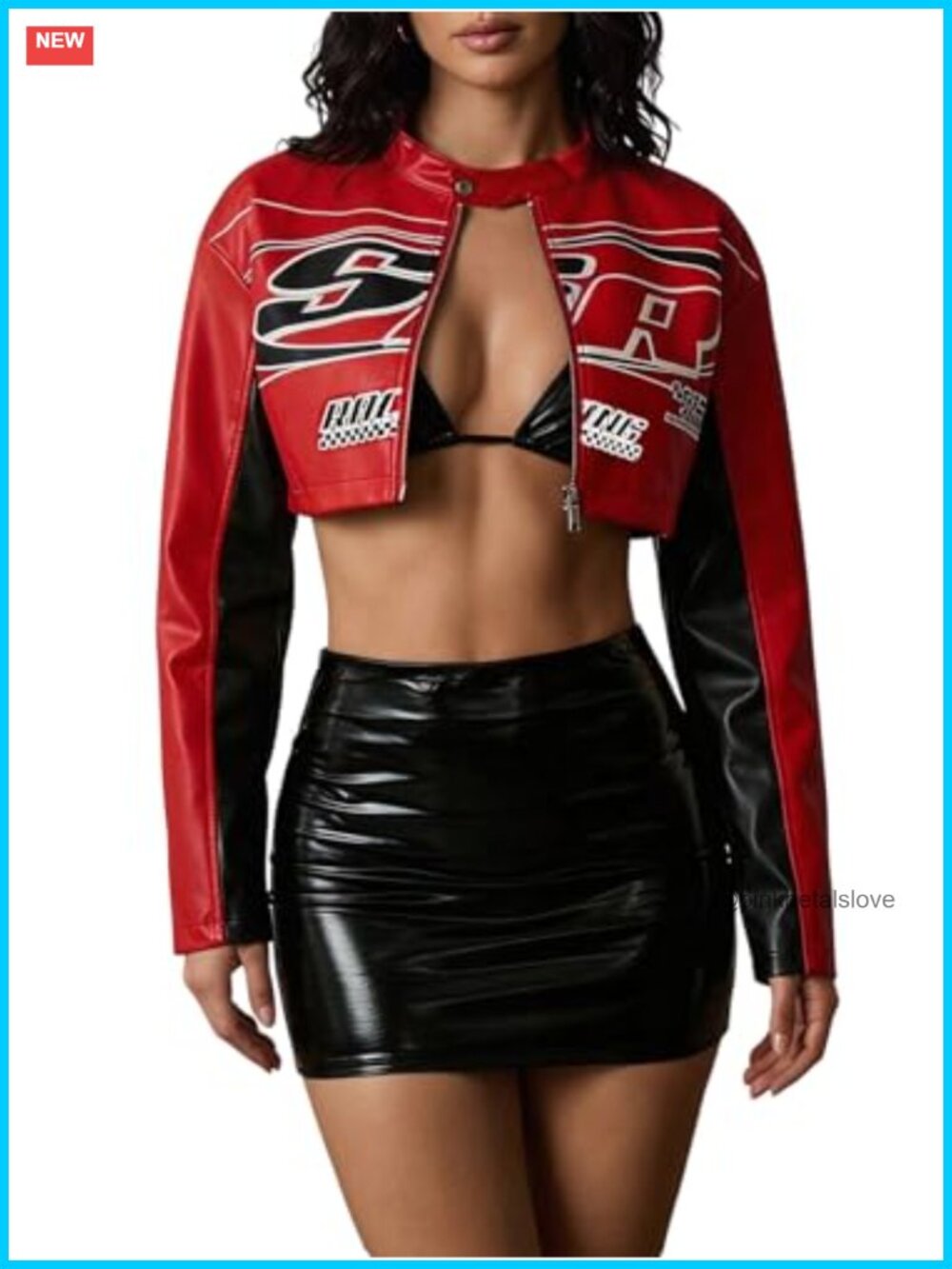 PU Leather Cropped Varsity Jacket Color Block Zip Up Motorcycle Coat